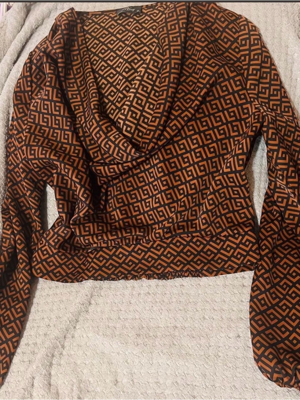 Geometric Cowl-Neck Blouse in Brown and Black